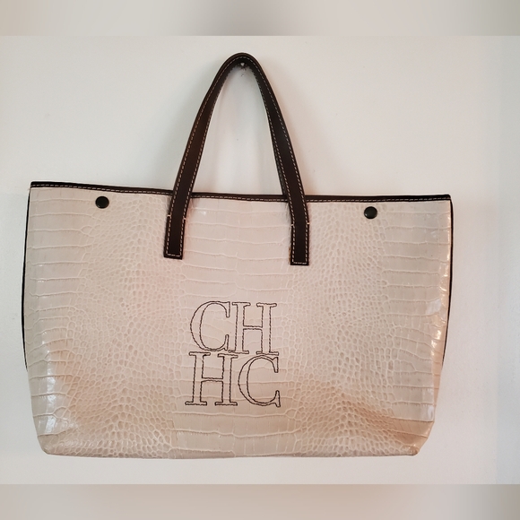 Carolina Herrera CH HC Croc leather trim tote bag - Picture 1 of 10